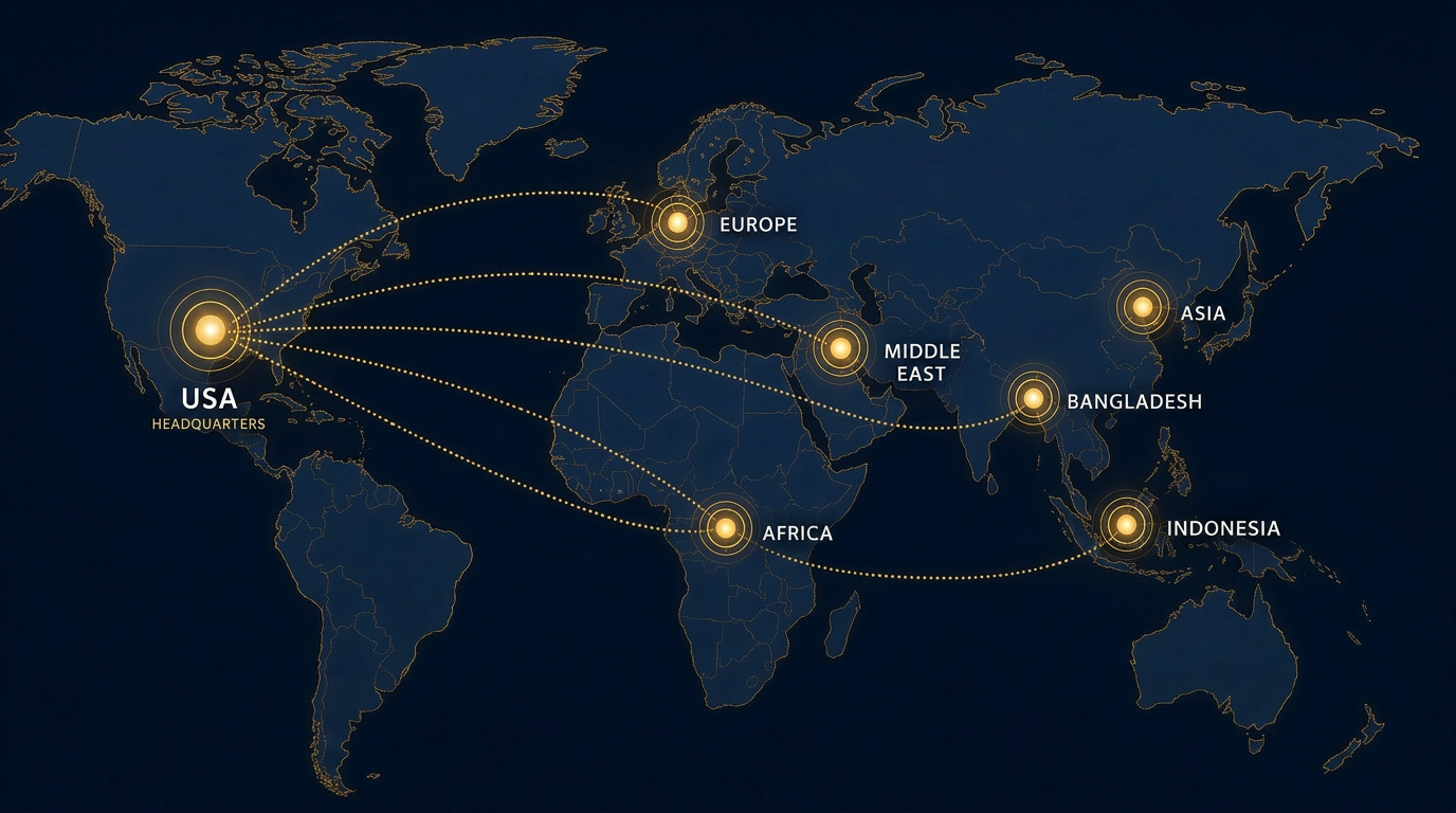 RandBast LLC global supply network — USA headquarters connected with Europe, Middle East, Africa, Bangladesh, Asia and Indonesia